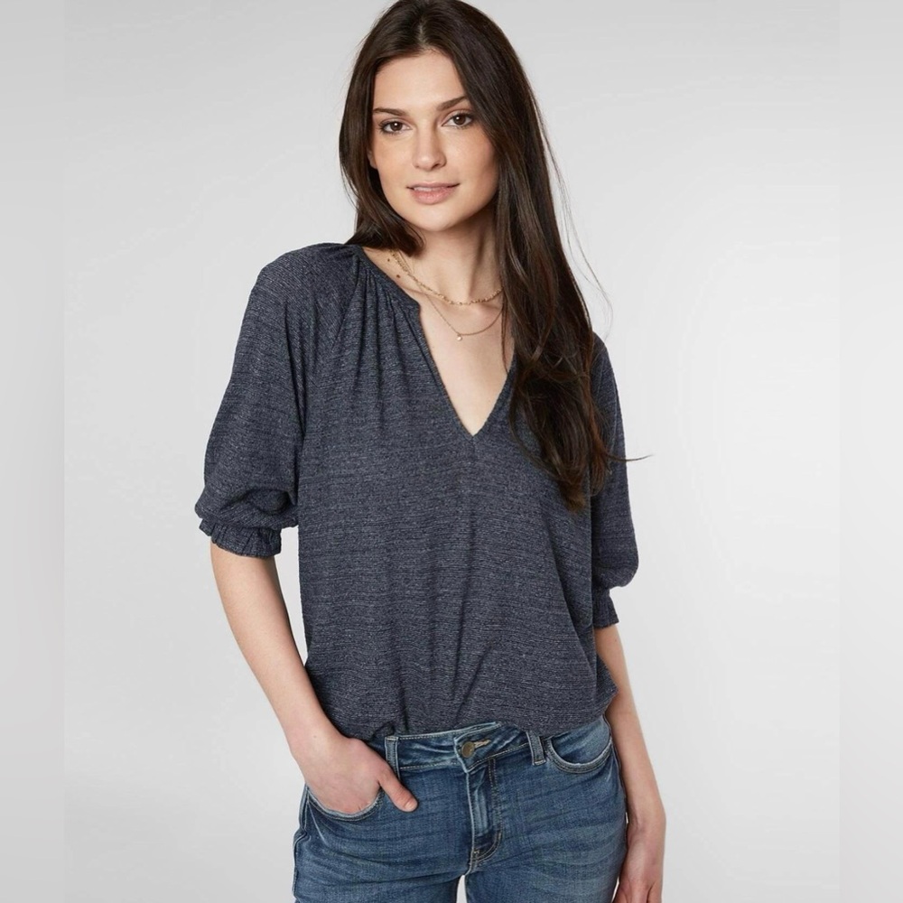 Lucky Brand Heather Navy V-Neck Puff Sleeve Top